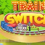 Design colorat cu un tren albastru pe o pistă circulară, copaci verzi în fundal și text mare TRAIN SWITCH deasupra