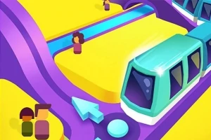 Tren futurist colorat pe un traseu curbat galben și violet, cu figuri stilizate de oameni alături