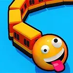 Emoticon galben drăguț cu limba scoasă, conectat la o serie de blocuri galbene în formă de tren pe un fundal albastru