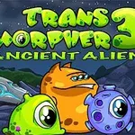 Trei creaturi extraterestre colorate stau pe un fundal stâncos sub un cer înstelat, cu un templu și o navă cosmică în fundal, sub un titlu verde