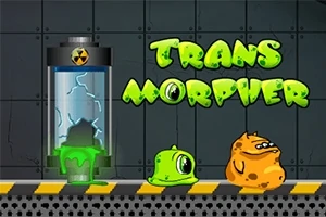 Două creaturi amuzante, una verde și alta portocalie, stau pe o podea industrială lângă un cilindru de sticlă cu un lichid verde, având textul Trans Morpher deasupra