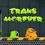 Două creaturi amuzante, una verde și alta portocalie, stau pe o podea industrială lângă un cilindru de sticlă cu un lichid verde, având textul Trans Morpher deasupra