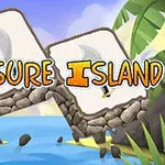 Titlu mare Treasure Island pe fundal de plajă tropicală cu palmieri și ocean