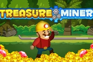 Miner vesel purtând o cască galbenă, înconjurat de grămezi de comori, cu un fundal de pădure