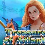 Femeie cu păr roșcat și un unicorn albastru în fundal subacvatic, alături de textul „Treasures of Atlantis”