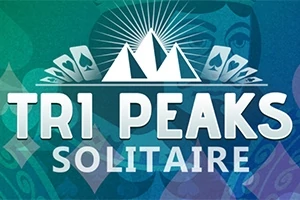 Textul Tri Peaks Solitaire cu un design de cărți și trei vârfuri de munte ilustrate pe un fundal colorat