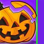 Dovleac de Halloween cu față zâmbitoare și capac detașat pe un fundal mov