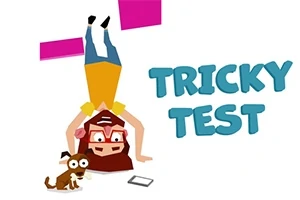 O persoană cu ochelari și un câine stau cu susul în jos lângă un dispozitiv, alături de textul Tricky Test pe un fundal alb