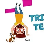 O persoană cu ochelari și un câine stau cu susul în jos lângă un dispozitiv, alături de textul Tricky Test pe un fundal alb
