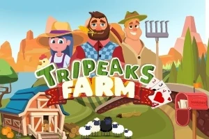 Trei fermieri desenați animat în fața unei ferme, însoțiți de logo-ul Tripeaks Farm și diverse elemente agricole, precum oi, o casă, o cutie poștală și un rât