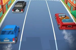 Trei mașini colorate, aliniate pe o șosea cu două benzi, între clădiri