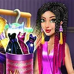 Tânăra zâmbește în fața unui dulap cu haine colorate, ținând în mână o cutie cu rochii elegante
