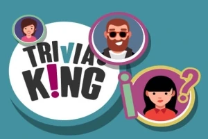 Un cerc alb mare cu textul TRIVIA KING și trei avatare animate, două femei și un bărbat cu ochelari de soare, pe un fundal albastru