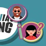 Un cerc alb mare cu textul TRIVIA KING și trei avatare animate, două femei și un bărbat cu ochelari de soare, pe un fundal albastru
