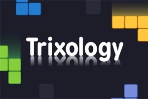 Textul Trixology înconjurat de forme geometrice colorate pe un fundal închis