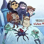 Un grup de personaje animate diverse stă pe o stâncă lângă un castel și o pânză mare de păianjen, cu textul „Troll Face Quest: Video Memes & TV Shows” alături
