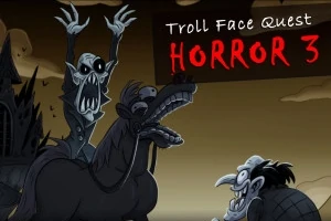 Imaginea prezintă un personaj caricaturizat pe un cal, cu o față înspăimântată și un alt personaj cu un zâmbet malefic în fundal, pe un fundal întunecat, cu textul „Horror 3”