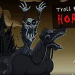 Imaginea prezintă un personaj caricaturizat pe un cal, cu o față înspăimântată și un alt personaj cu un zâmbet malefic în fundal, pe un fundal întunecat, cu textul „Horror 3”