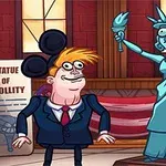 Un personaj caricatural poartă uniformă de polițist, ținând un steag al Statelor Unite, lîngă o versiune amuzantă a Statuii Libertății, cu două fețe caricaturale în prim-plan