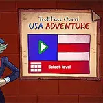 Personaj desenat cu pălărie înaltă și haine de epocă, alături de un afiș cu inscripția USA Adventure și un buton de play