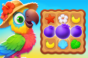 Tropical Match 2 Papagal colorat purtând o pălărie de paie decorată cu floare, lângă o grilă cu simboluri precum fructe și flori