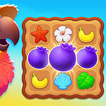 Tropical Match 2 Papagal colorat purtând o pălărie de paie decorată cu floare, lângă o grilă cu simboluri precum fructe și flori