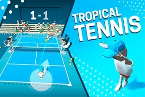 Un teren de tenis animat cu spectatori în tribune și un jucător care servește, având textul Tropical Tennis în dreapta