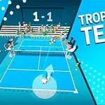 Un teren de tenis animat cu spectatori în tribune și un jucător care servește, având textul Tropical Tennis în dreapta