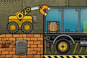 Un braț mecanic galben ridică o cutie și o încarcă într-un camion, pe fundalul unui perete metalic și cărămizi