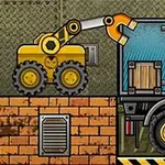 Un braț mecanic galben ridică o cutie și o încarcă într-un camion, pe fundalul unui perete metalic și cărămizi