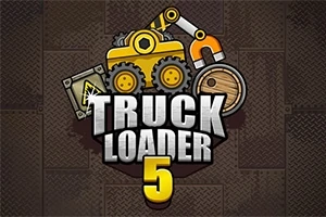 Ilustrație cu un excavator galben și elemente de depozit pe un fundal metalic maro, cu textul Truck Loader 5