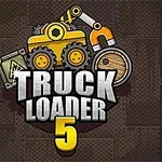 Ilustrație cu un excavator galben și elemente de depozit pe un fundal metalic maro, cu textul Truck Loader 5