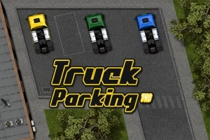 Trei camioane colorate (galben, verde și albastru) sunt parcate într-o parcare, cu textul Truck Parking afișat pe imagine