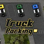 Trei camioane colorate (galben, verde și albastru) sunt parcate într-o parcare, cu textul Truck Parking afișat pe imagine