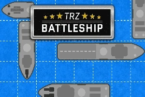 Nave gri amplasate pe o grilă albastră cu un logo dreptunghiular negru în mijloc care conține textul TRZ Battleship