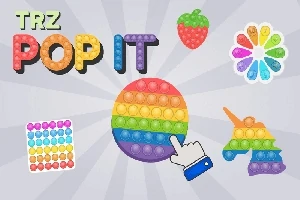 Text colorat TRZ Pop It și diverse jucării pop it în formă de minge, unicorn și căpșună, cu un cursor ce indică o jucărie circulară