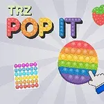 Text colorat TRZ Pop It și diverse jucării pop it în formă de minge, unicorn și căpșună, cu un cursor ce indică o jucărie circulară