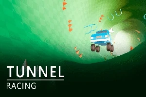 Mașină albastră care zboară printr-un tunel verde cu obstacole portocalii