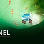Mașină albastră care zboară printr-un tunel verde cu obstacole portocalii