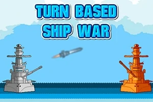 Două nave de război, una gri și una portocalie, îndreptate una spre cealaltă pe un fundal albastru, cu textul TURN BASED SHIP WAR deasupra