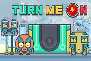 Trei roboți colorați în fața unui fundal futurist cu textura electrică, cu textul TURN ME ON deasupra