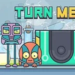 Trei roboți colorați în fața unui fundal futurist cu textura electrică, cu textul TURN ME ON deasupra