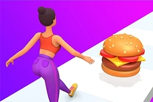 Femeie animată alergând spre un hamburger pe un drum colorat