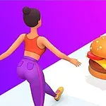 Femeie animată alergând spre un hamburger pe un drum colorat