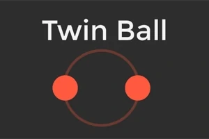 Textul Twin Ball deasupra a două bile roșii conectate de un cerc subțire pe fundal negru