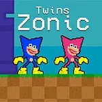 Două personaje pixelate, unul albastru și unul roz, cu pantofi galbeni, pe un fundal de platformă maro, având textul Twins Zonic deasupra