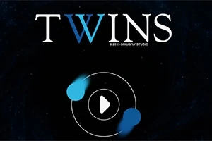 Textul TWINS în alb pe un fundal albastru închis cu două obiecte albastre și un simbol de redare în mijloc