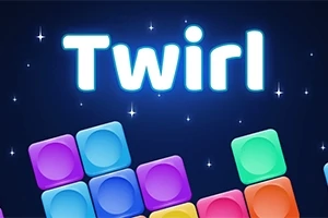 Textul Twirl luminos pe un fundal albastru închis cu stele mici și blocuri colorate în partea de jos
