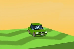 O mașină verde stilizată pe un câmp ondulat, sub un cer portocaliu