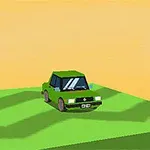 O mașină verde stilizată pe un câmp ondulat, sub un cer portocaliu